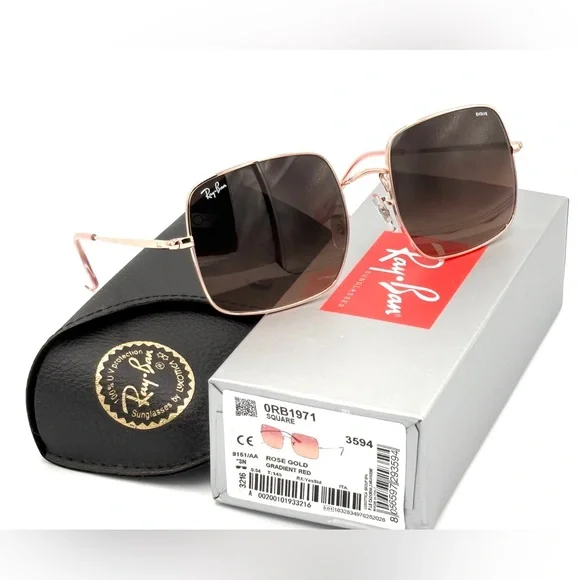 Ray-Ban Womens Sunglasses Rose Lens RB1971 Square Metal Frame 9151/AA  54-19-145 - Picture 2 of 16